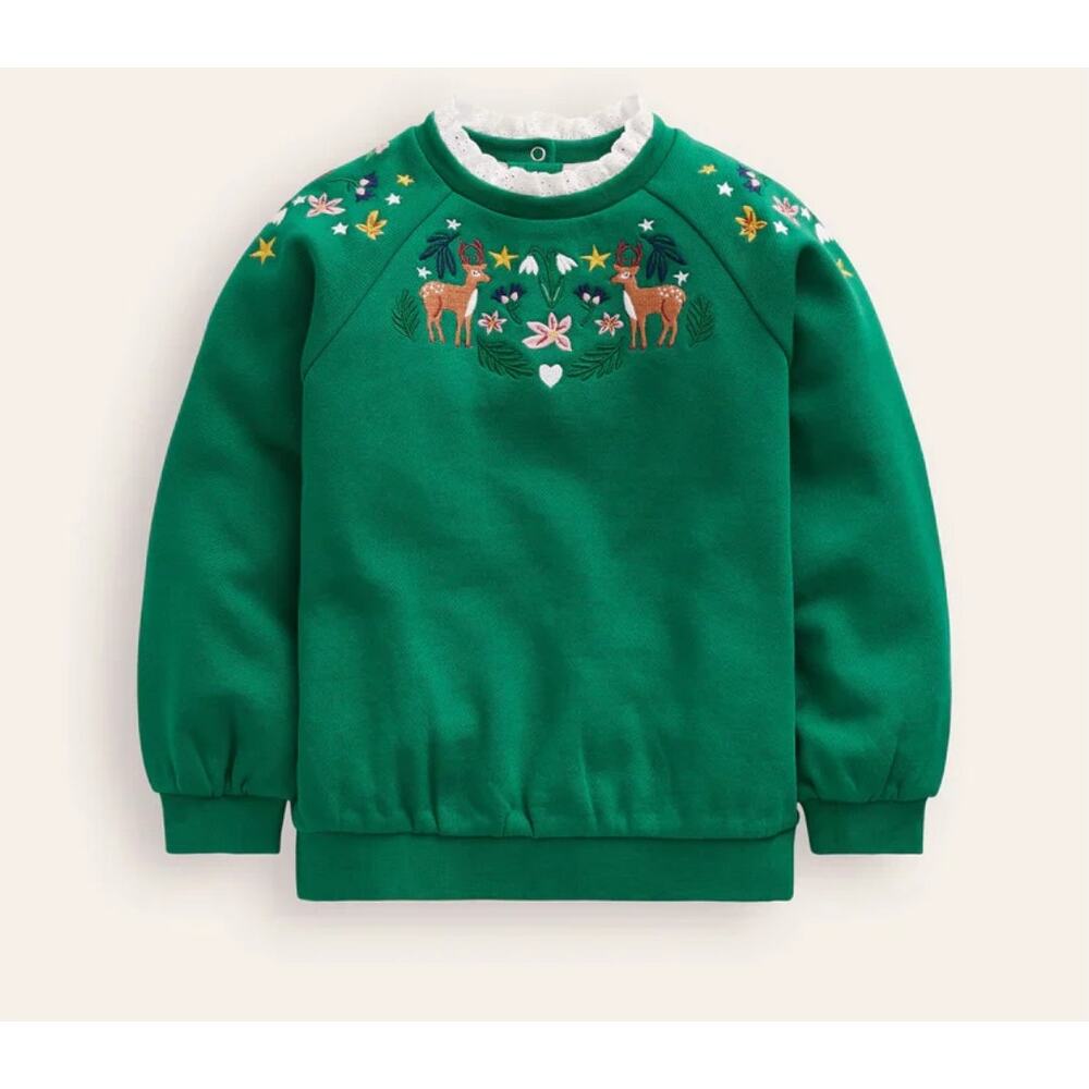 NWOT Mini Boden Girl's Fawn Embroidered Sweatshirt
